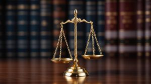 מאזניים על שולחן עבודה של עורך דין